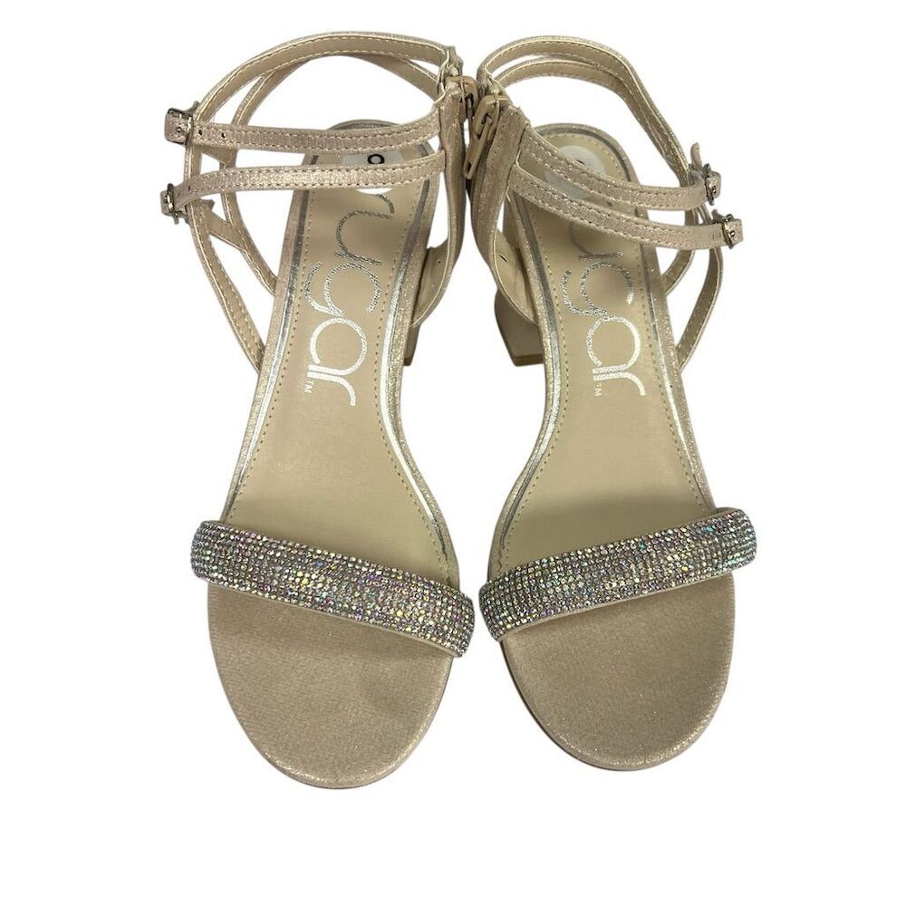 Sugar Women's Multi Colored Rhinestones Shimmering Beige Block Heel Sandals 8 - Picture 2 of 8